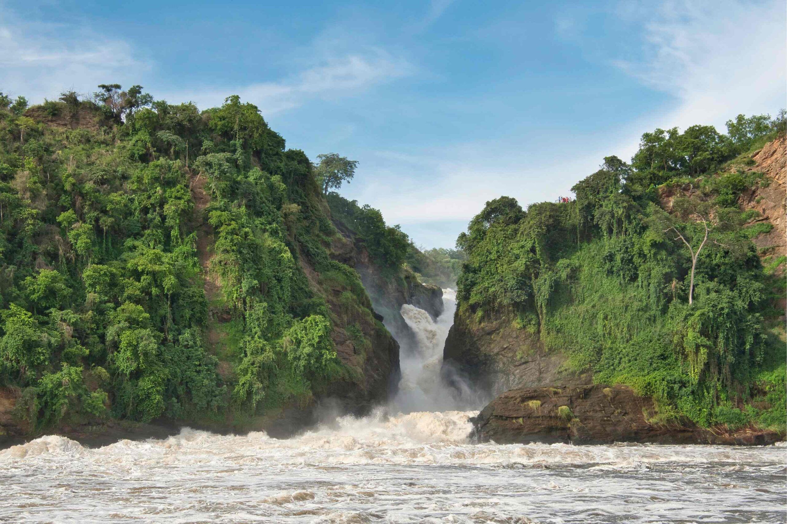 Murchison Falls Wasserfälle fallen durch Schlucht umgeben von Bäumen