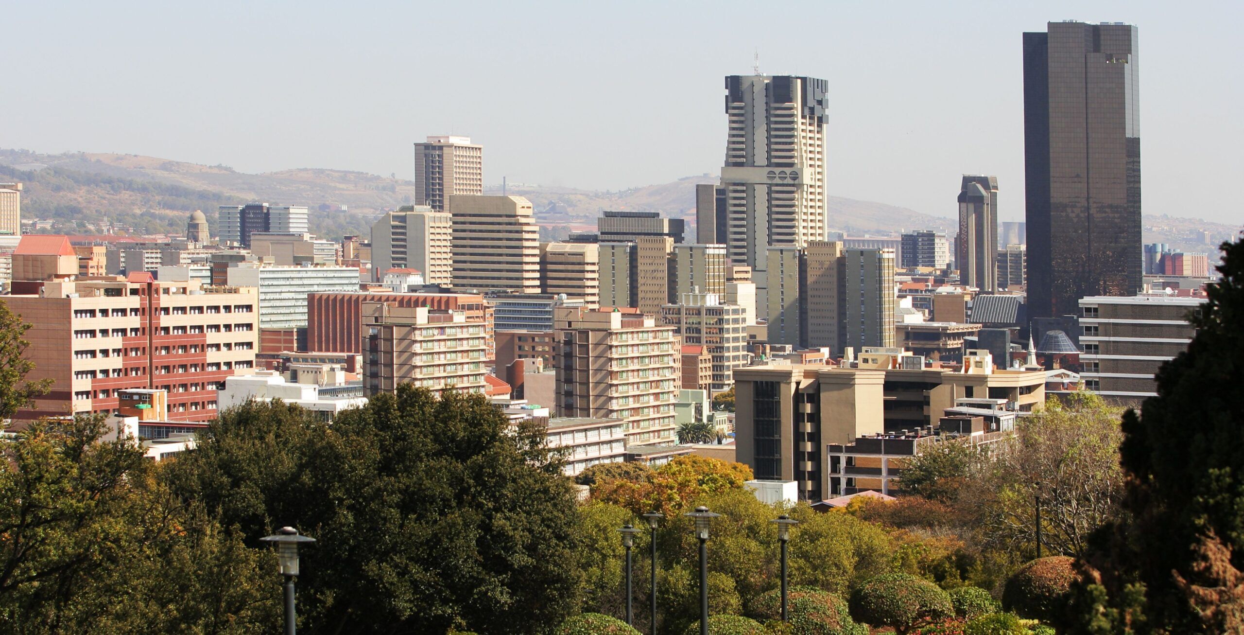 Skyline von Tshwane Pretoria mit Bäumen davor