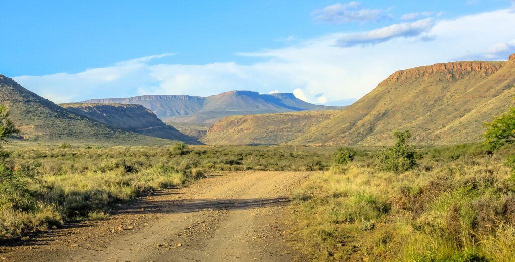 Grüne Hügel und eine Straße im Karoo Nationalpark in Südafrika