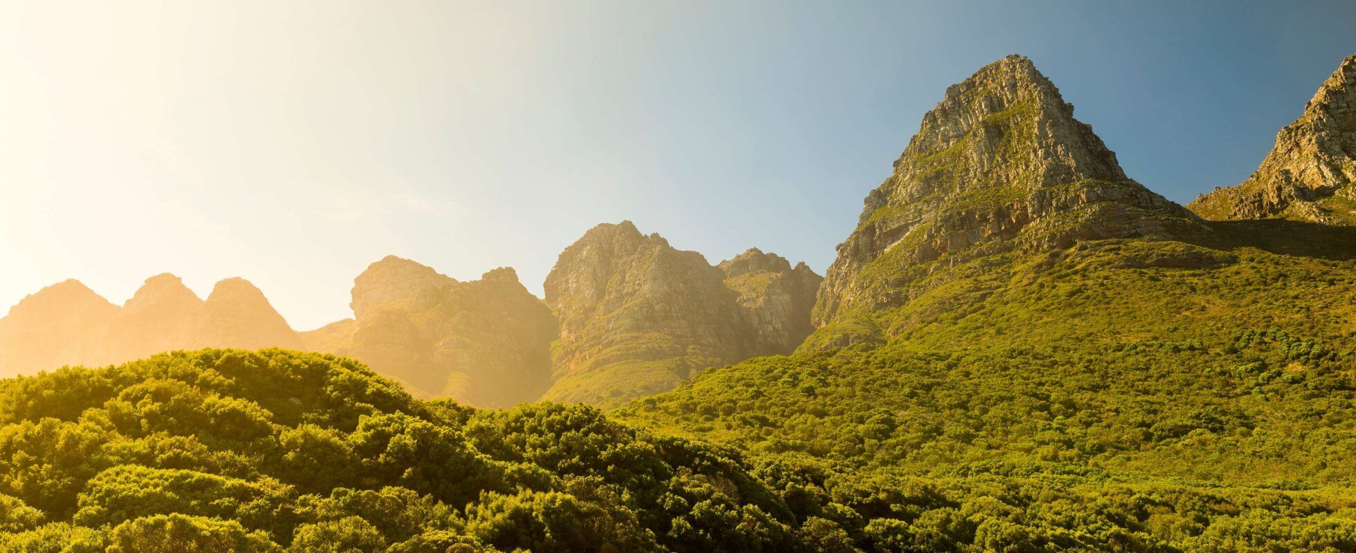 Hohe, dicht bewachsene Berge im Sonnenschein