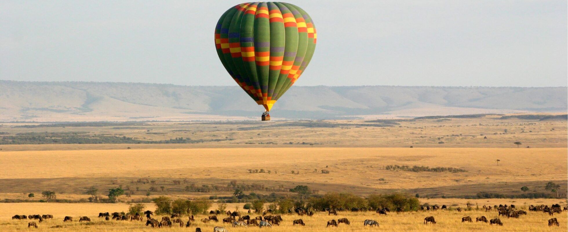 Heißluftballon über der Masai Mara mit Zebras und Gnus in der Savanne