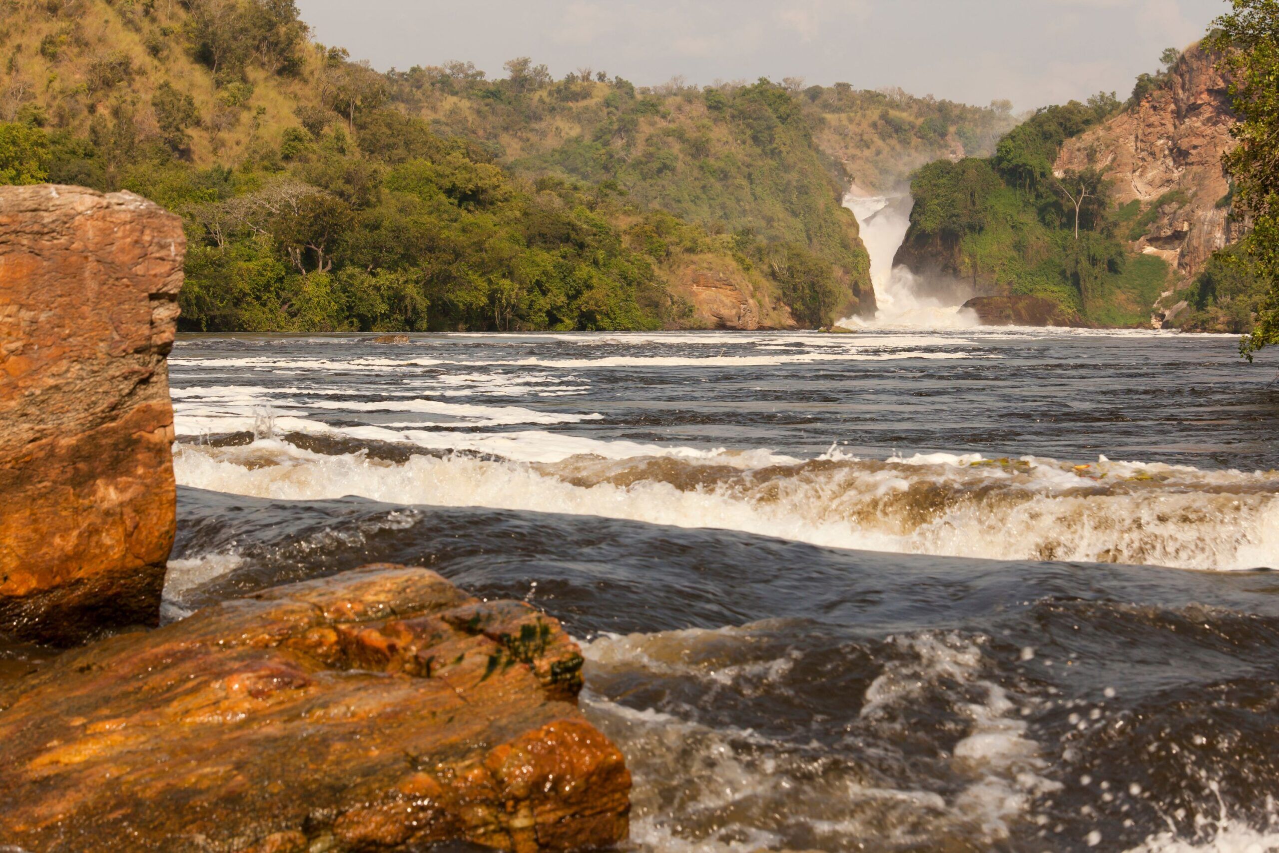 Murchison Falls Wasserfälle fallen durch Schlucht umgeben von grünen Bäumen