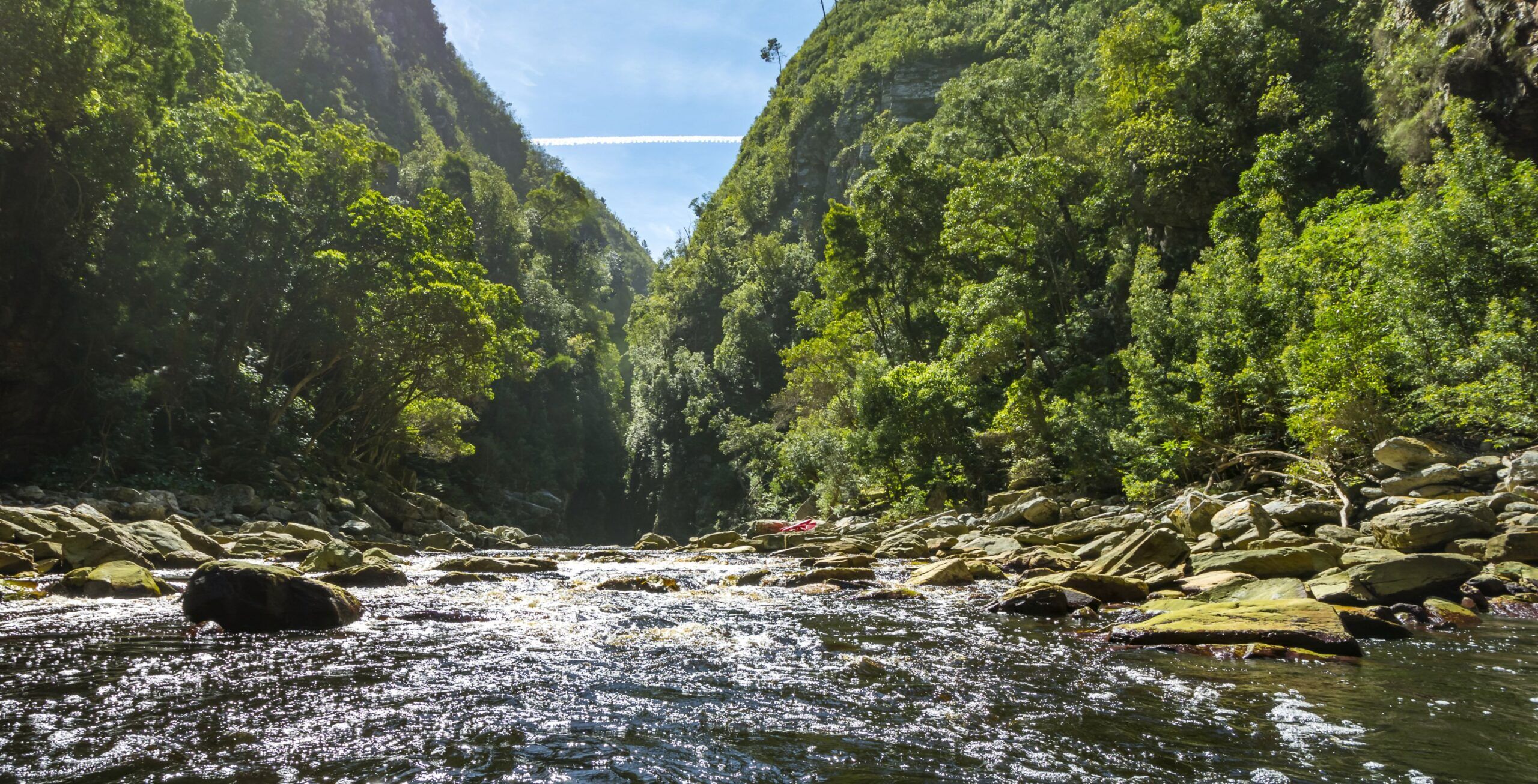 Storms River Gorge mit grünen Hügeln und Fluss