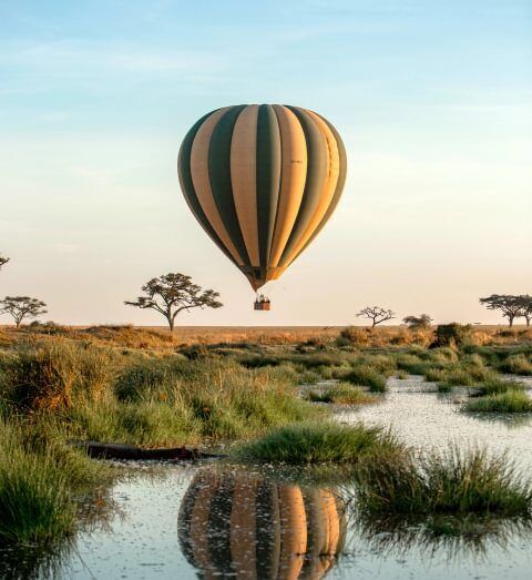 Heißluftballon fliegt niedrig über die Serengeti und reflektiert in einem Teich