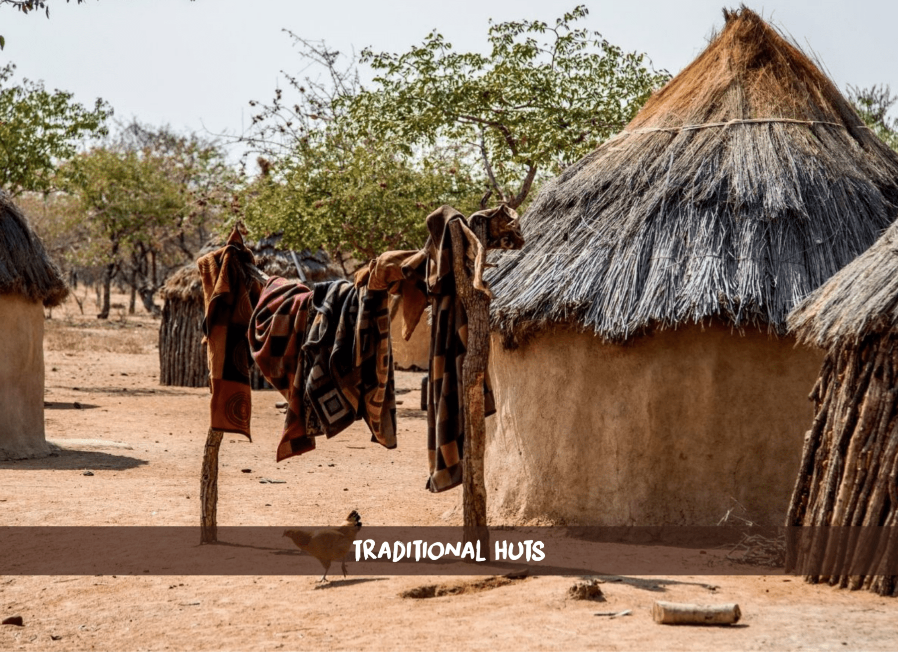 Mehrere traditionelle Hütten mit Gras und Holz in einem Himba-Dorf und eine Wäscheleine mit Kleidung sowie Hühnern auf dem Boden